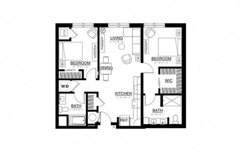 Floor plan for 2 beds, 2 baths, 1026 sqft